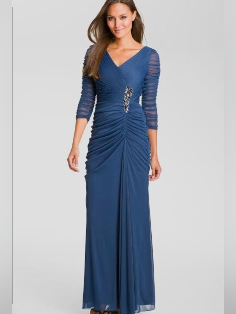 Elegant Navy Blue V-Neck Evening Gown with Sheer Sleeves